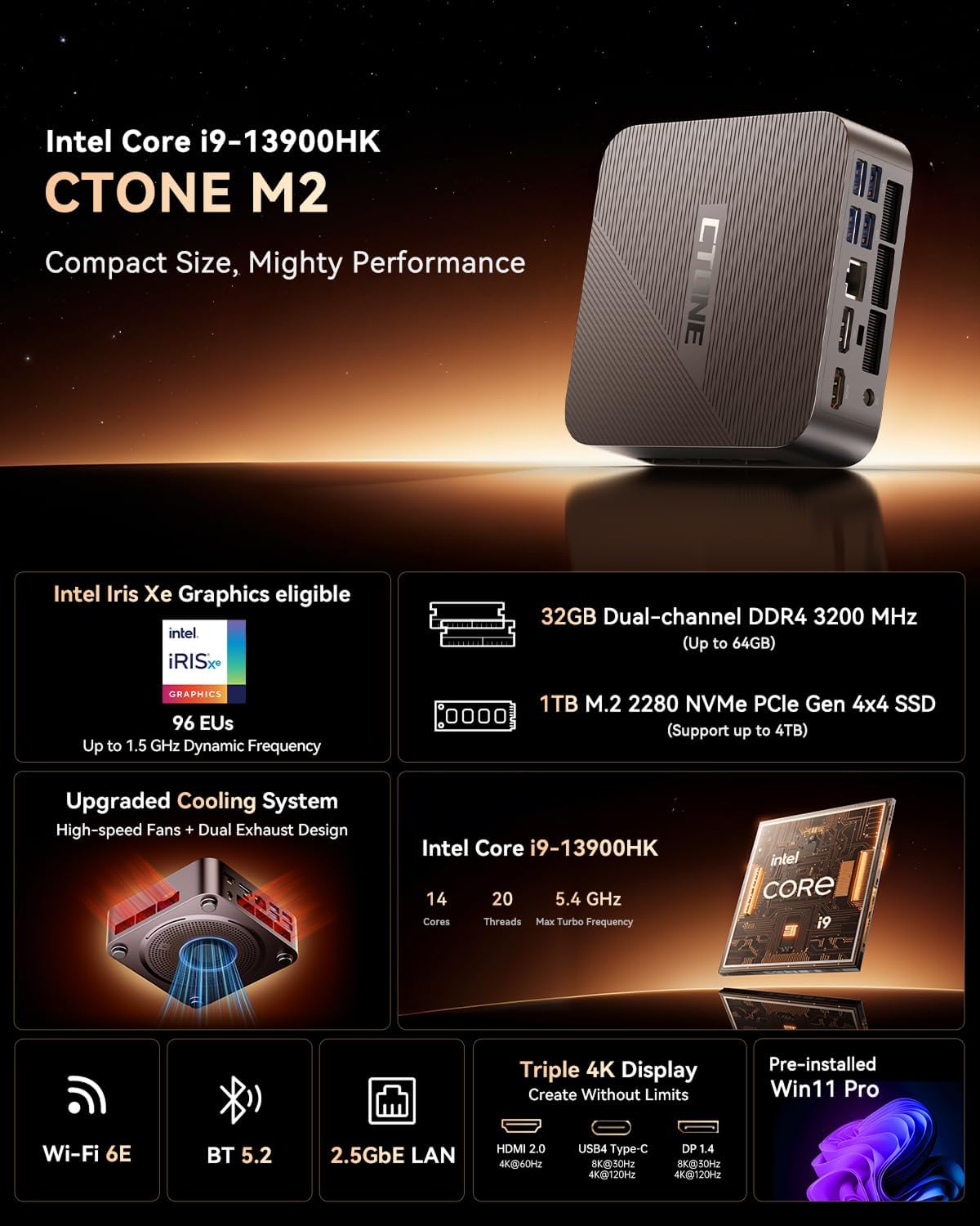 CTONE M2 Mini PC i9-14900HX, 32GB DDR4, 1TB NVMe SSD,